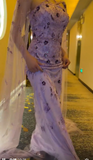Purple Sheath Evening Gowns with Cape Modest Halter Neck Satin Beaded Formal Dress Tulle Wedding Guest Dress HZ1024