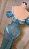 Teal Mermaid Evening Gowns Sexy Spaghetti Straps Birthday Dress Beaded Sequins Formal Dress Wedding Guest Dress HZ1024