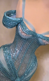 Teal Mermaid Evening Gowns Sexy Spaghetti Straps Birthday Dress Beaded Sequins Formal Dress Wedding Guest Dress HZ1024