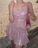 Pink Sheath Short Homecoming Dress Satin Spaghetti Straps Birthday Dress Pool Party Dress HZ1024