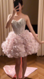 Pink Ball Gown Short Homecoming Dress Sweetheart Neck Beaded Formal Dress Birthday Dress HZ1024