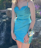 Blue Bodycon Short Homecoming Dress Spaghetti Strap Satin Formal Dress Graduation Party Dress HZ1024