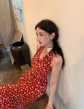 Retro Floral Sleeveless Halter Dress HZ1024