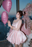 Pink Ball Gown Birthday Dress Strap Short Homecoming Dress Beaded Satin Formal Dress HZ1024