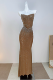 Mermaid Strapless Long Prom Dress Beaded Chiffon Champagne Evening Gown HZ1024