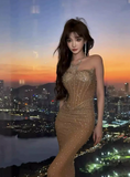 Mermaid Strapless Long Prom Dress Beaded Chiffon Champagne Evening Gown HZ1024