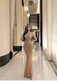Mermaid Strapless Long Prom Dress Beaded Chiffon Champagne Evening Gown HZ1024