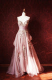 A-Line Spaghetti Strap Tulle Long Prom Dress with Beaded Appliques Sweet 16 Dress HZ1024