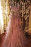 A-Line Spaghetti Strap Tulle Long Prom Dress with Beaded Appliques Sweet 16 Dress HZ1024