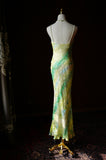 Green Sheath Spaghetti Strap Floral Chiffon Long Prom Dress Beaded Formal Evening Dress Wedding Guest Dress HZ1024