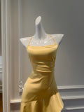 Sheath Halter Satin Long Prom Dress Yellow Backless Formal Dress Hi-Lo Evening Dress HZ1024
