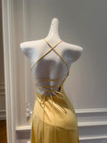 Sheath Halter Satin Long Prom Dress Yellow Backless Formal Dress Hi-Lo Evening Dress HZ1024