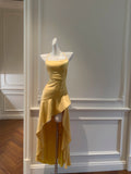 Sheath Halter Satin Long Prom Dress Yellow Backless Formal Dress Hi-Lo Evening Dress HZ1024