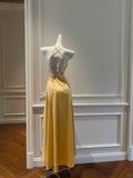 Sheath Halter Satin Long Prom Dress Yellow Backless Formal Dress Hi-Lo Evening Dress HZ1024