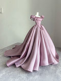 Dusty Pink Ball Gown Satin Long Prom Dress Jewel Short Sleeve Quinceanera Sweet 16 Dress HZ1024