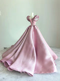 Dusty Pink Ball Gown Satin Long Prom Dress Jewel Short Sleeve Quinceanera Sweet 16 Dress HZ1024