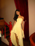 Yellow Sheath Satin Long Prom Dress Strapless Wedding Guest Dress Ruffles Formal Evening Dress HZ1024