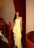 Yellow Sheath Satin Long Prom Dress Strapless Wedding Guest Dress Ruffles Formal Evening Dress HZ1024