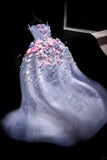 Purple Ball Gown Tulle Long Prom Dress Strapless Applique Formal Evening Dress Sweet 16 Dress HZ1024