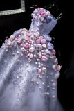 Purple Ball Gown Tulle Long Prom Dress Strapless Applique Formal Evening Dress Sweet 16 Dress HZ1024
