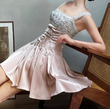 A-Line Square Neck Short Birthday Prom Dress Satin Beaded Formal Dress Graduation Dress Middle School Homecoming Dress HZ1024
