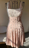 A-Line Square Neck Short Birthday Prom Dress Satin Beaded Formal Dress Graduation Dress Middle School Homecoming Dress HZ1024