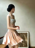 A-Line Square Neck Short Birthday Prom Dress Satin Beaded Formal Dress Graduation Dress Middle School Homecoming Dress HZ1024
