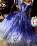 Off-the-shoulder A-Line Tulle Long Prom Dress Blue Formal Evening Dress HZ1024