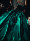 Strapless A-Line Satin Lace Applique Long Prom Dress Vintage Green Formal Evening Dress HZ1024