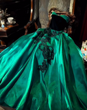 Strapless A-Line Satin Lace Applique Long Prom Dress Vintage Green Formal Evening Dress HZ1024