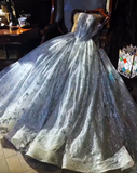 Strapless A-Line Bridal Dress Tulle Beaded Applique Long Prom Dress Silver Grey Formal Evening Dress HZ1024
