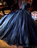 Strapless A-Line Tulle Sequin Long Prom Dress Navy Blue Formal Evening Dress HZ1024