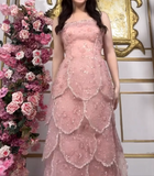 Strapless Sheath Tulle Beaded Long Prom Dress Peach Formal Evening Dress HZ1024