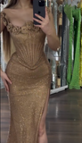 Spaghetti Strap Sheath Long Prom Dress£¬Gold Formal Evening Dress HZ1024