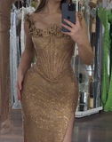 Spaghetti Strap Sheath Long Prom Dress£¬Gold Formal Evening Dress HZ1024