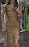 Spaghetti Strap Sheath Long Prom Dress£¬Gold Formal Evening Dress HZ1024