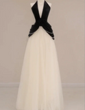 A-Line Tulle Velvet Long Evening Dress Black/White V-neck Wedding Guest Dress HZ1024