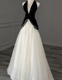A-Line Tulle Velvet Long Evening Dress Black/White V-neck Wedding Guest Dress HZ1024