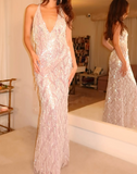 Sheath V-neck Formal Evening Dress Sparkly Beaded Tassel Backless Prom Dress HZ1024