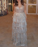 A-line V-neck Formal Evening Dress Sparkly Tulle Sequin Birthday Dress HZ1024