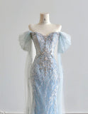 Blue Mermaid Wedding Dress Tulle Off-the-Shoulder Beaded Sequin Evening Dress HZ1024