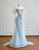 Blue Mermaid Wedding Dress Tulle Off-the-Shoulder Beaded Sequin Evening Dress HZ1024