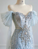 Blue Mermaid Wedding Dress Tulle Off-the-Shoulder Beaded Sequin Evening Dress HZ1024