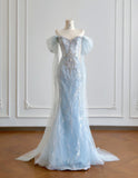 Blue Mermaid Wedding Dress Tulle Off-the-Shoulder Beaded Sequin Evening Dress HZ1024
