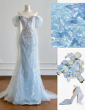 Blue Mermaid Wedding Dress Tulle Off-the-Shoulder Beaded Sequin Evening Dress HZ1024