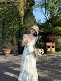 retro pastoral style small flying sleeve floral long skirt HZ1024