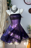A-Line Spaghetti Strap Tulle Short Prom Dress Purple Satin Homecoming Dresses HZ1024
