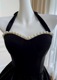 Hepburn Style A-Line Halter Velvet Short Prom Dress, Black Homecoming Dresses HZ1024