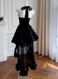 Hepburn Style A-Line Halter Velvet Short Prom Dress, Black Homecoming Dresses HZ1024