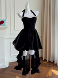 Hepburn Style A-Line Halter Velvet Short Prom Dress, Black Homecoming Dresses HZ1024
